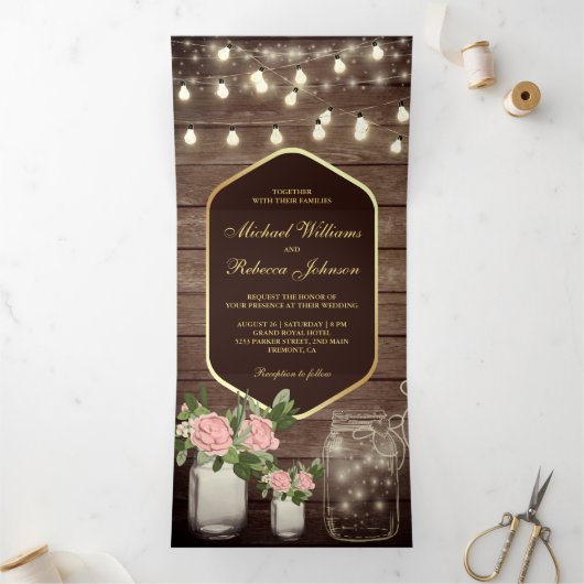 Houten stoffige Rozen Mason Jar String Lights Wedd Drieluik Uitnodiging (Binnen)
