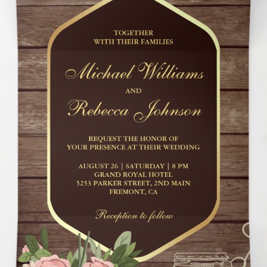 Houten stoffige Rozen Mason Jar String Lights Wedd Drieluik Uitnodiging (Binnenkant midden)