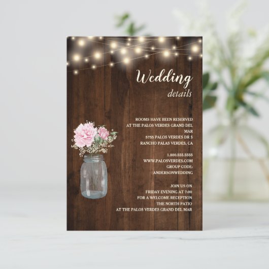 Houten String Lights Bloemenpot Trouwdetail Informatiekaartje (Staand voorkant)