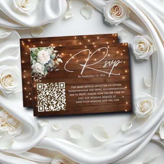 Houten String Lights Rozen QR Code Huwelijk RSVP Kaartje