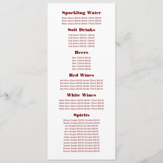 Houten Tafelbord Instelling, Restaurant Slimline Menu (Achterkant)