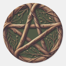 Houten Tak Pentakel Olijfgroen Heksenbruiloft Ronde Sticker