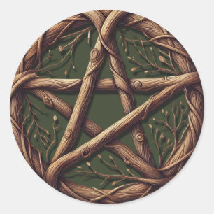 Houten Tak Pentakel Olijfgroen Heksenbruiloft Ronde Sticker