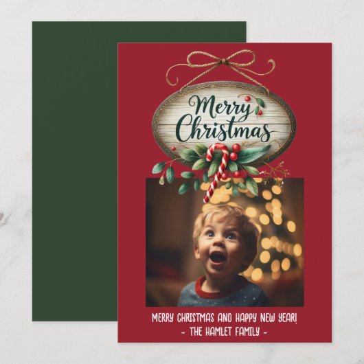 Houten Teken Evergreen Candy Cane Feestdagenkaart (Voorkant / Achterkant)