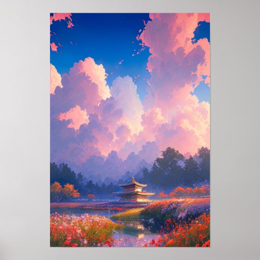 Houten Tempel en Kleurrijke Blooms Poster (Voorkant)