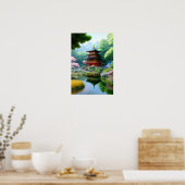Houten tempel in Japanse tuin Poster (Keuken)