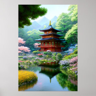 Houten tempel in Japanse tuin Poster