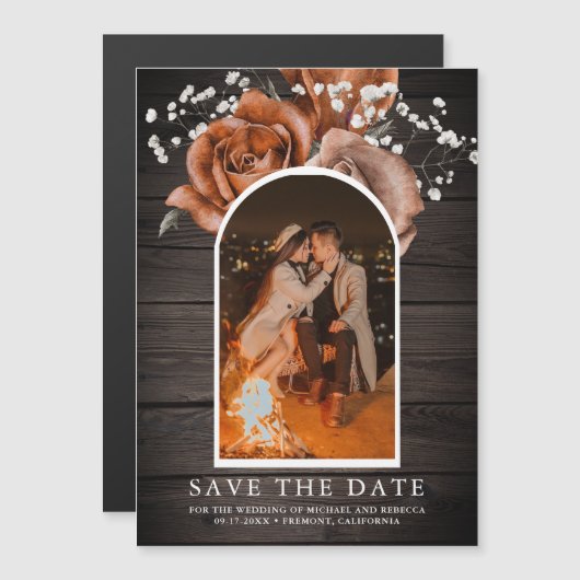 Houten Terracotta Trouwfoto Save the Date Magnetische Uitnodiging (Voorkant / Achterkant)