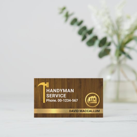 Houten Textuur Hamer Jouw naam in Goud Visitekaartje (Staand voorkant)
