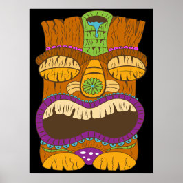 Houten Tiki-beeld met open mond, grappige zwarte Poster