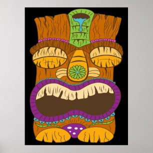 Houten Tiki-beeld met open mond, grappige zwarte Poster