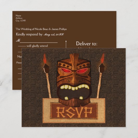 Houten Tiki Mask  Retro Wedding Party RSVP Uitnodiging Briefkaart (Voorkant / Achterkant)