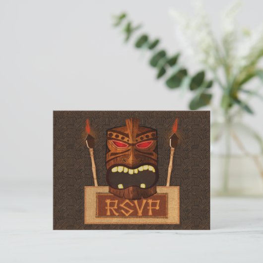 Houten Tiki Mask  Retro Wedding Party RSVP Uitnodiging Briefkaart (Staand voorkant)