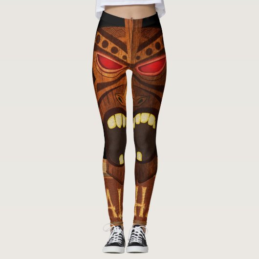  houten Tiki masker Tropisch Hawaïaans vuur Leggings (Voorkant)