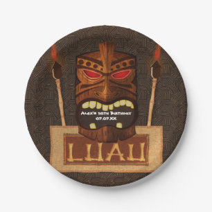 Houten Tiki-masker Vintage Retro Luau-zomerfeest Papieren Bordje