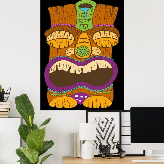 Houten Tiki standbeeld met open mond, grappig zwar Poster (Thuiskantoor)