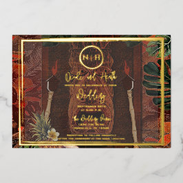 Houten Tiki Vintage Hawaiaanse Huwelijksfoto Folie Uitnodiging