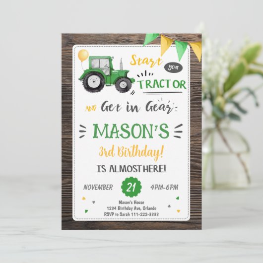 Houten Tractor Verjaardag uitnodiging (Staand voorkant)