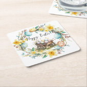 Houten trolley met decoratieve eieren bloemenPasen Kartonnen Onderzetters (Schuin)