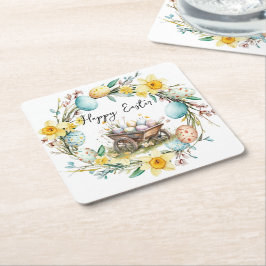 Houten trolley met decoratieve eieren bloemenPasen Kartonnen Onderzetters