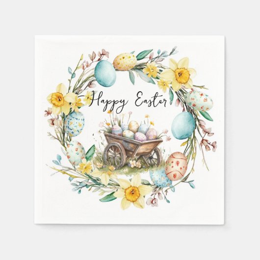 Houten trolley met decoratieve eieren bloemenPasen Servet (Voorkant)