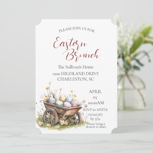 Houten trolley met eieren Paasbrunch Kaart (Staand voorkant)