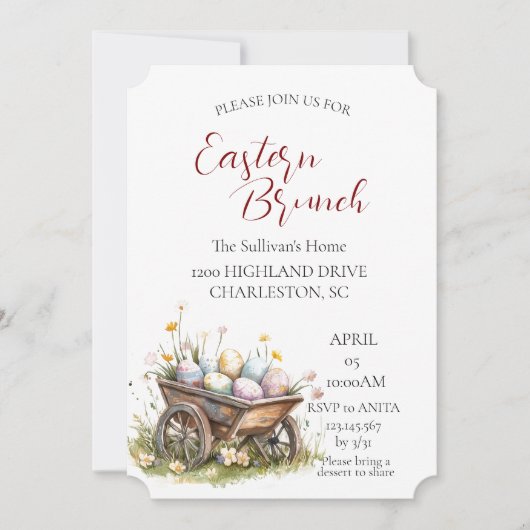 Houten trolley met eieren Paasbrunch Kaart (Voorkant)