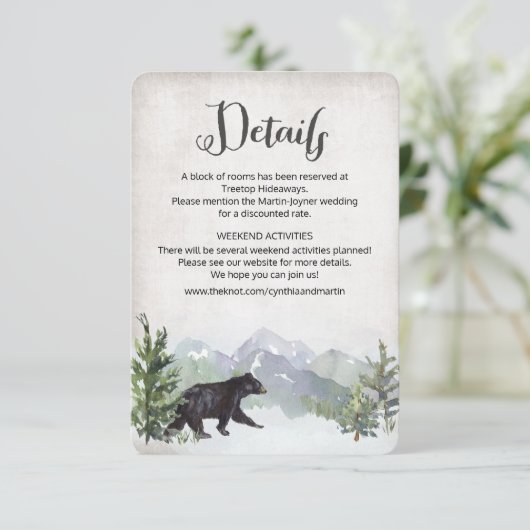 Houten Trouwdetailskaart met Beer in Landelijke St RSVP Kaartje (Staand voorkant)