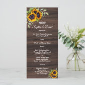 Houten trouwmenu met romantische zonnebloemen menu (Staand voorkant)