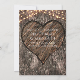 Houten trouwuitnodigingen met hart in boomstam kaart