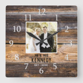 Houten Tweedegangsjubileum Foto Bruiloft Landelijk Vierkante Klok (Voorkant)