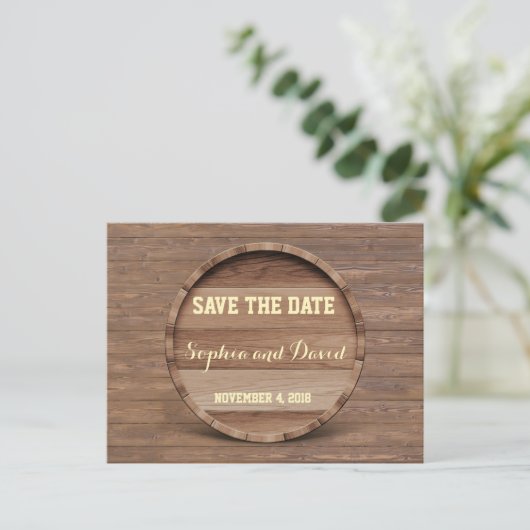 Houten Vat Bruiloft SAVE THE DATE Aankondigingskaart (Staand voorkant)