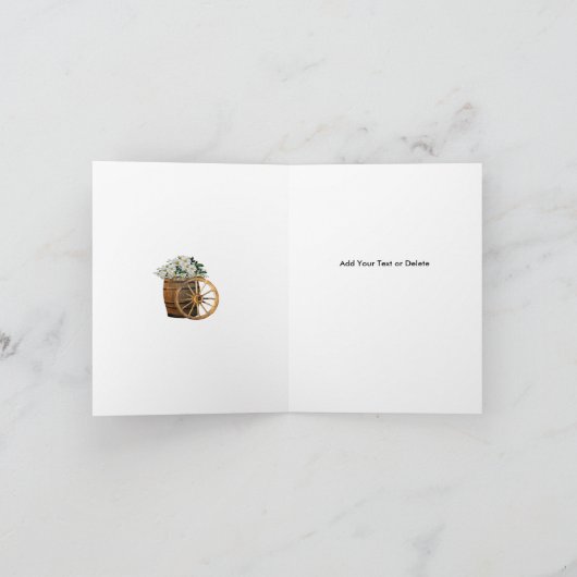 Houten vat met witte bloemen in landelijke stijl bedankkaart (Binnen)