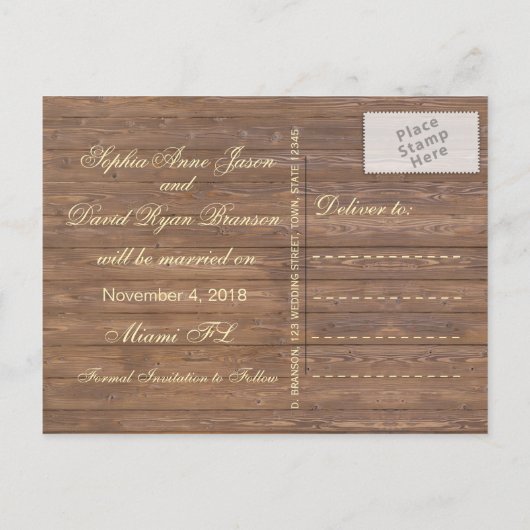 Houten Vat Trouwdag Gesneden SAVE THE DATE Aankondigingskaart (Achterkant)