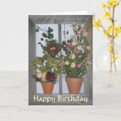 Houten Venster met Bloemen - de Groet van de Kaart (Gele Bloem)