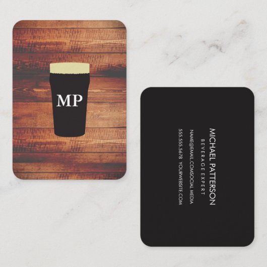 Houten vierkant element Beers Rustic met monogram Visitekaartje (Voorkant / Achterkant)