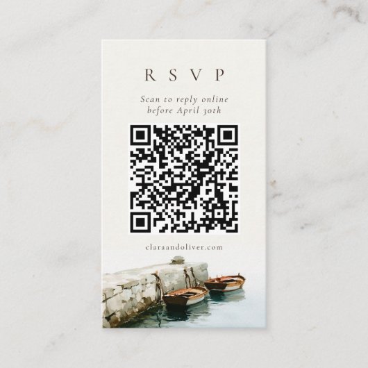 Houten Vissersboot Amalfi Kust QR Code RSVP Kaart (Voorkant)