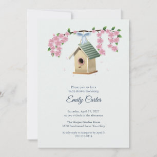 Houten Vogelhuis en Bloesems Baby Shower Kaart