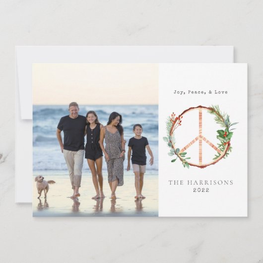 Houten Vredesteken Liefde Vreugde Kerst Foto Feestdagenkaart (Voorkant)