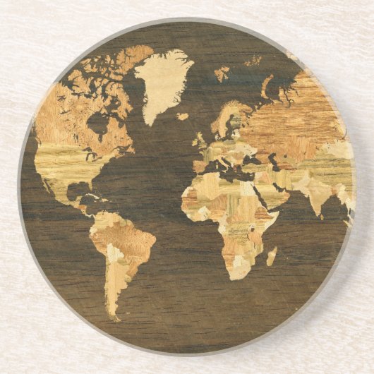 Houten Wereldkaart Zandsteen Onderzetter (Voorkant)