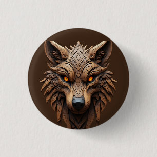 Houten wolf kunstsnijwerk met geometrische patrone ronde button 3,2 cm