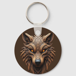 Houten wolf kunstsnijwerk met geometrische patrone sleutelhanger