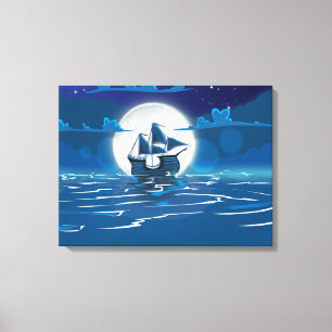 Houten zeilschip reis in het maanlicht canvas afdruk