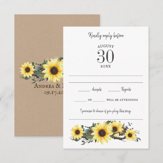 Houten Zonnebloem Aquarel Reactie RSVP Kaartje (Voorkant / Achterkant)
