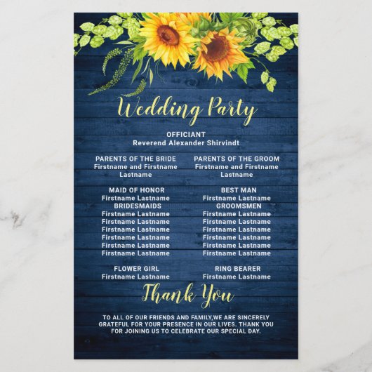 Houten Zonnebloem Rustieke Trouwceremonie Programm (Achterkant)