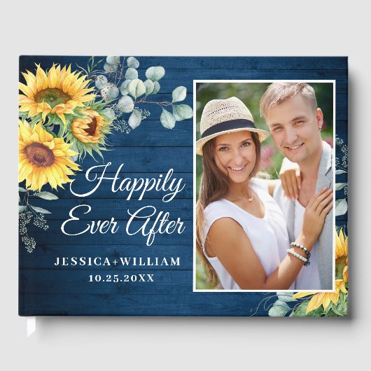 Houten Zonnebloem Waterverf Rustieke FOTO Bruiloft Gastenboek (Voorkant)