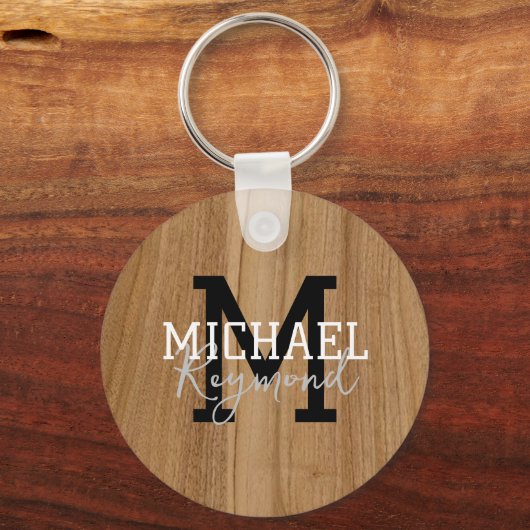 Houtextuur Rustic Monogram Landstijl Keychai Sleutelhanger (Voorkant)