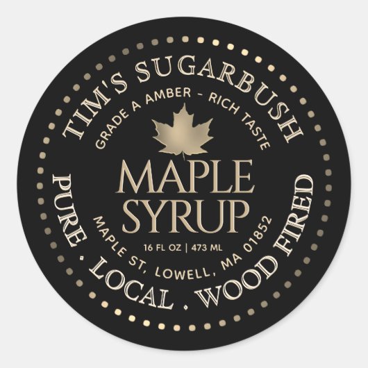 Houtgestookte esdoornsiroop Goud Blad en Rand Ronde Sticker (Voorkant)