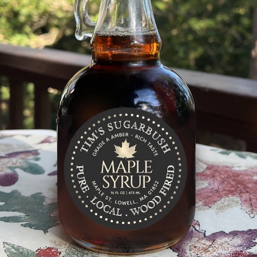 Houtgestookte esdoornsiroop Goud Blad en Rand Ronde Sticker