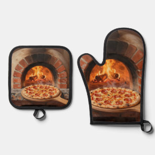 Houtgestookte Pepperoni Pizza Rustieke Italiaanse  Ovenwant & Pannenlap Set